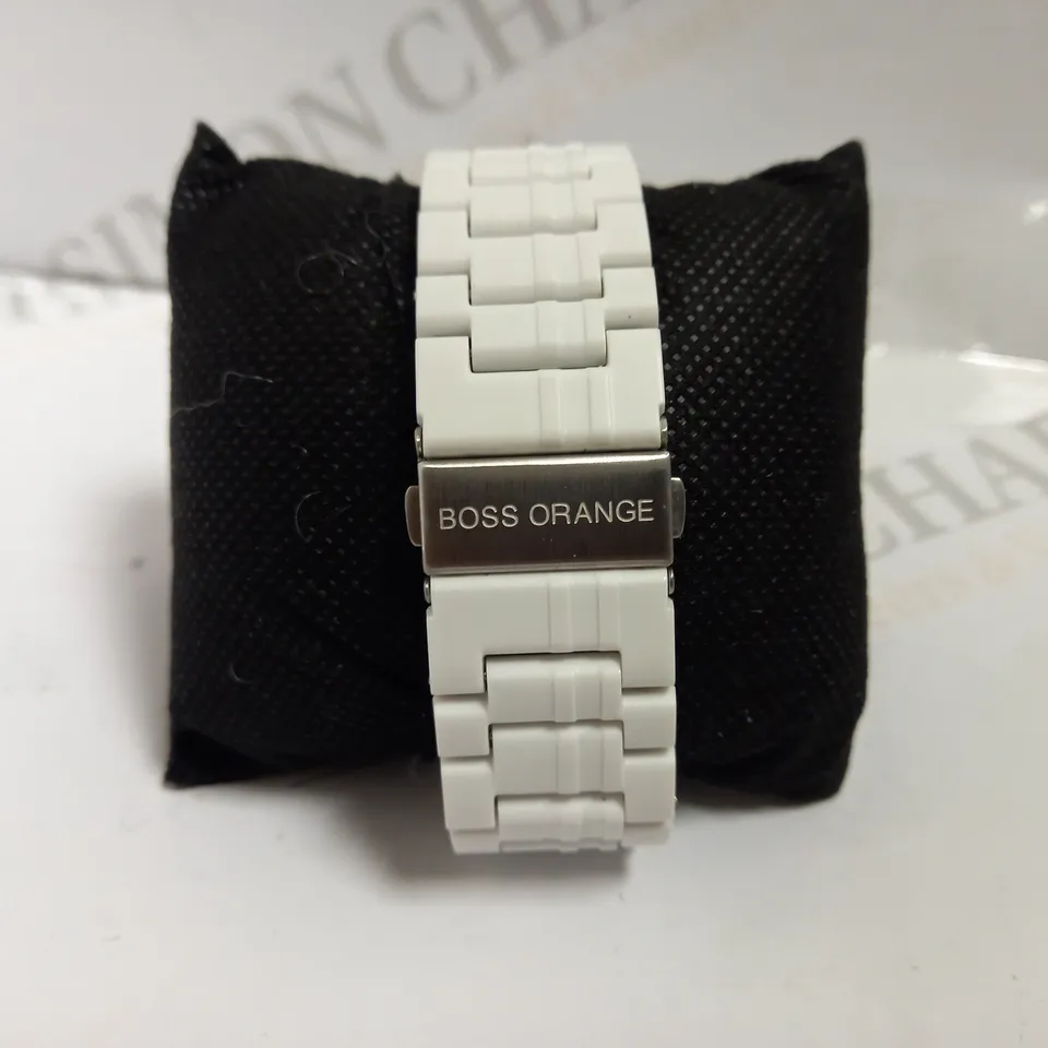 BOSS ORANGE SILVER WATCH WITH RUBBER BRACELET STRAP - WHITE