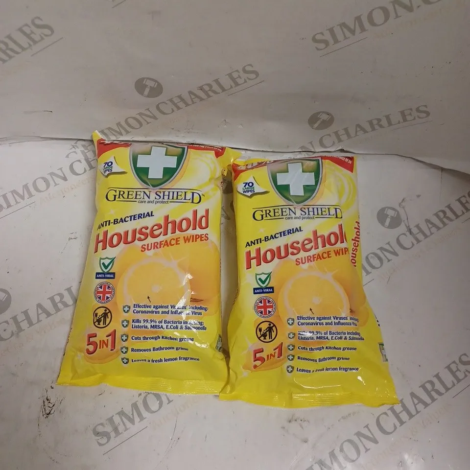 BOX OF APPROX 12 GREEN SHIELD 5 IN 1 ANTI BACTERIAL HOUEHOLD WIPES. 