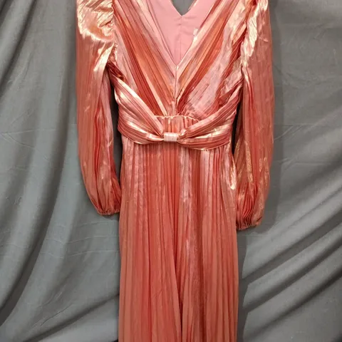 OASIS METALLIC V NECK PLEATED MIDI DRESS IN ROSE GOLD – UK 8