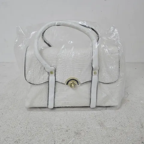 WHITE FAUX CROCODILE-EMBOSSED HANDBAG WITH TOP HANDLE AND GOLD TONE TURN-LOCK CLASP