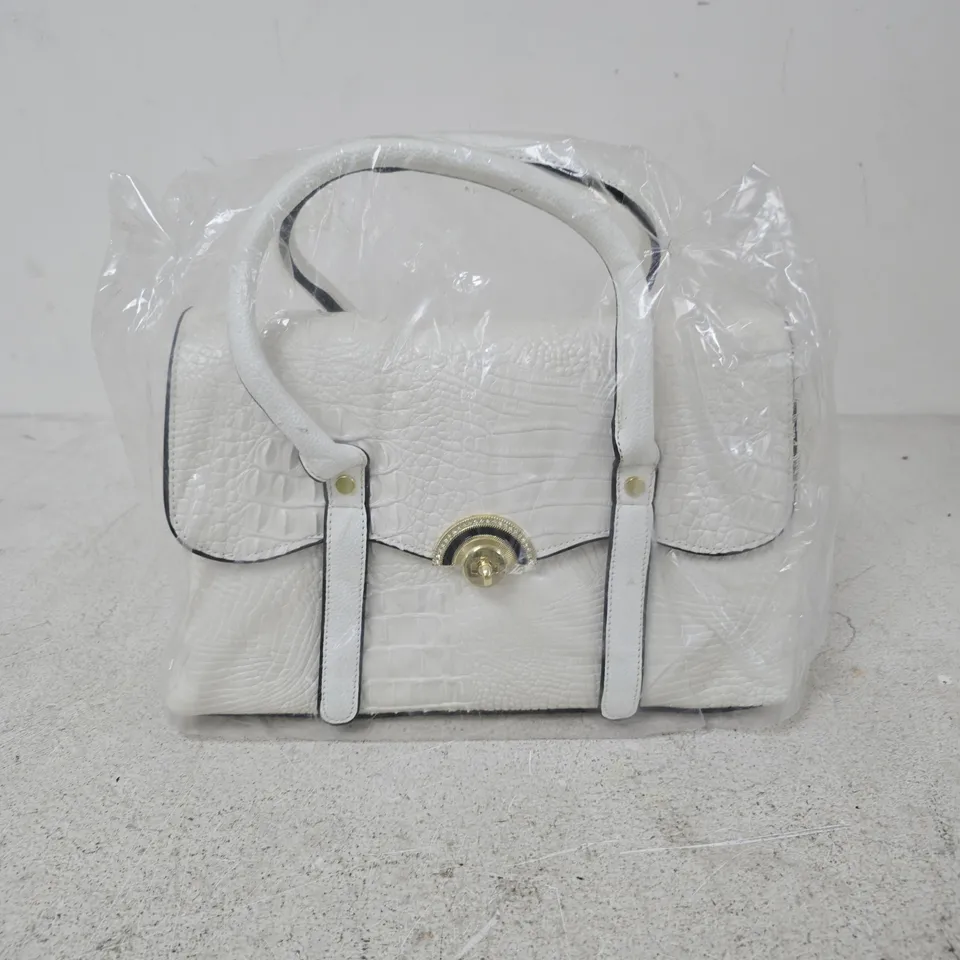 WHITE FAUX CROCODILE-EMBOSSED HANDBAG WITH TOP HANDLE AND GOLD TONE TURN-LOCK CLASP