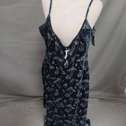 DISTURBIA FAEFIRE FOIL PRINT VELOUR SLIP GOWN IN MIDNIGHT BLUE SIZE 18