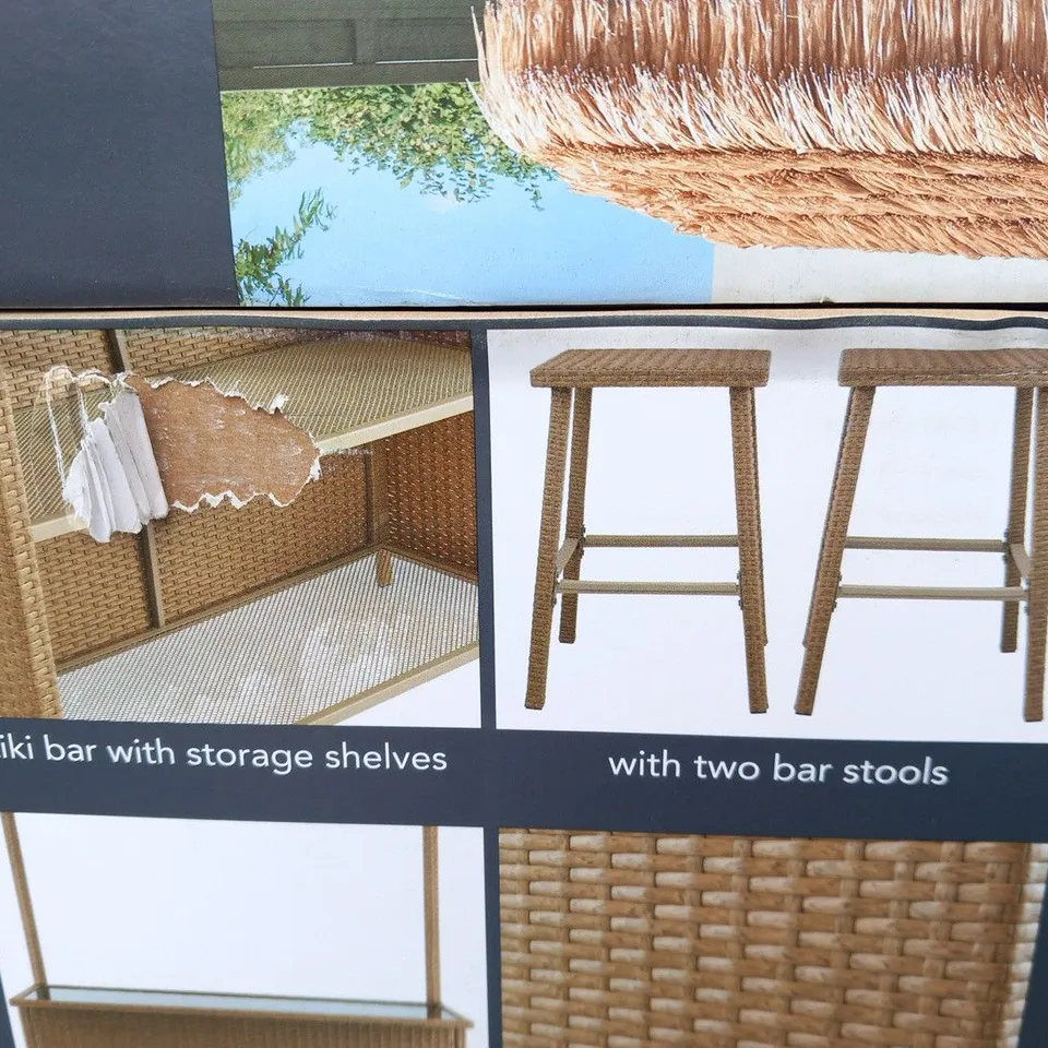 BRAND NEW BOXED TIKI BAR INCLUDING; 2 BAR STOOLS, STRAW EFFECT CANOPY 128CM X 56CM TOUGHENED GLASS BAR TOP, 2 STORAGE SHELVES AND FURNITURE COVER FOR STORAGE