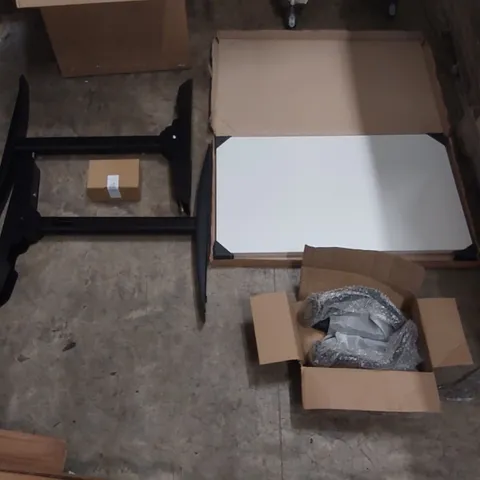 PALLET CONTAINING A LARGE ASSORTMENT OF BRAND NEW OFFICE FURNITURE PARTS TO INCLUDE: DESK TOPS, BRACKETS, FLIP TOP END FRAME SETS ECT