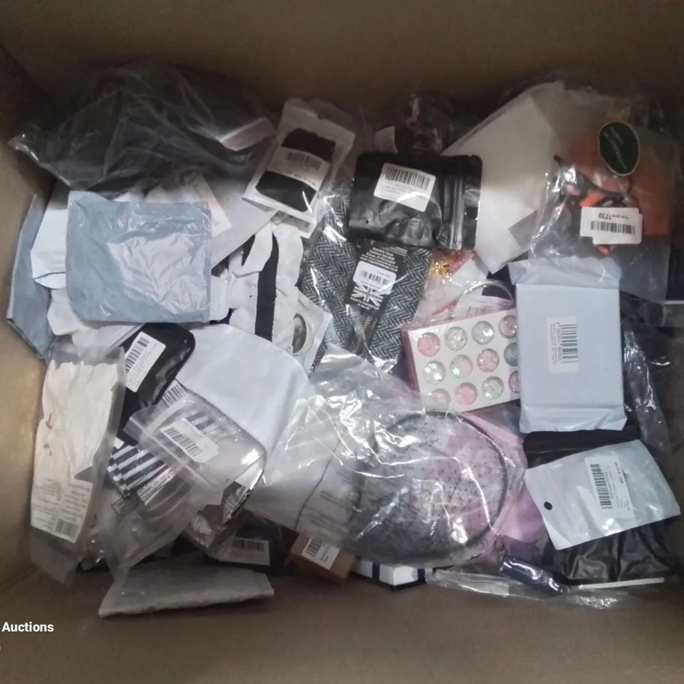 BOX CONTAINING LARGE AMOUNT OF MIXED FASHION ITEMS, SILVER PLATE AND COSTUME JEWELLERY, CLOTHING ITEMS ETC.