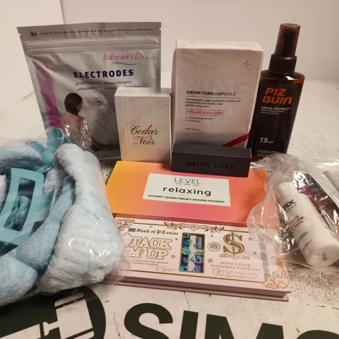 APPROX 12 ASSORTED BEAUTY PRODUCTS TO INCLUDE PLOUISE EYESHADOW PALETTE, BEAUTY HEADBAND SET, SAINT LUXE BROW GEL, ETC 