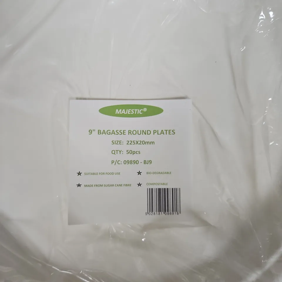 MAJESTIC 9" BAGASSE ROUND PLATES – 500 TOTAL (10 PACKS X 50)
