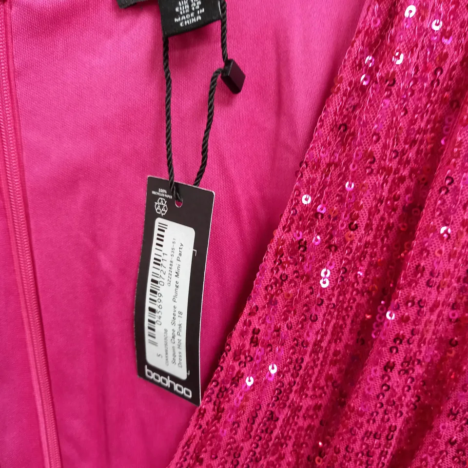 BOOHOO SEQUIN CAPE SLEEVE PLUNGE MINI PARTY DRESS IN HOT PINK - 18