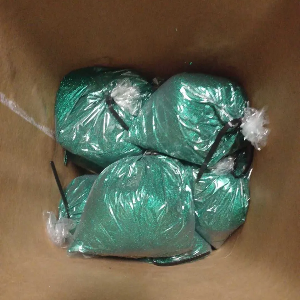 BOX OF APPROXIMATELY 10 BAGS OF EMERALD GREEN FINE GLITTER - COLLECTION ONLY