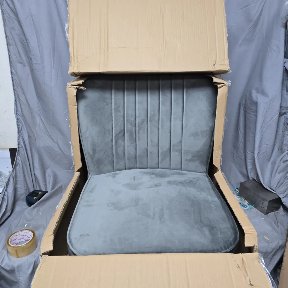 GREY VELVET UPHOLSTERED HIGH-BACK ACCENT CHAIR – BOXED