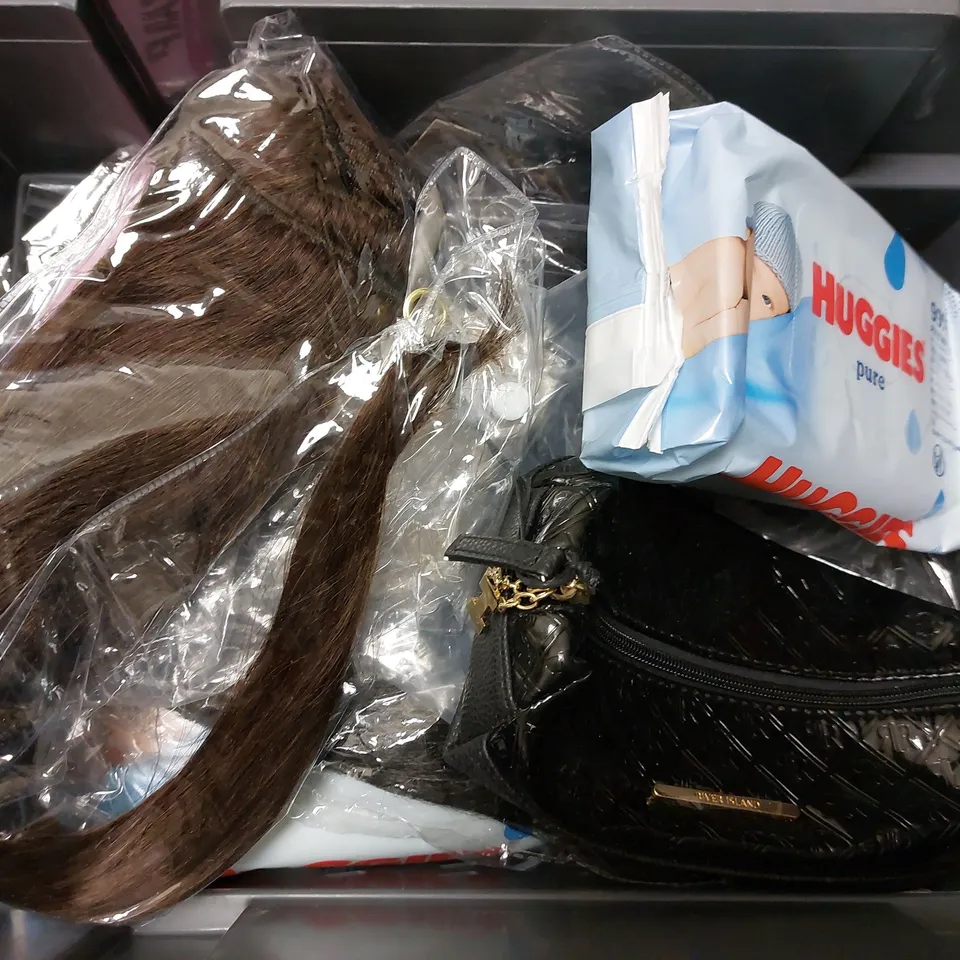 BOX OF APPROX 5 ITEMS TO INCLUDE WIG, HUGGIES BABY WIPES AND OCTISAN LOTION