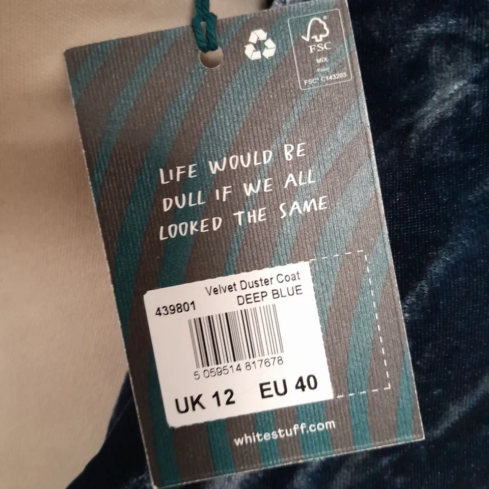 WHITE STUFF VELVET DUSTER COAT INDEEP BLUE - UK 12