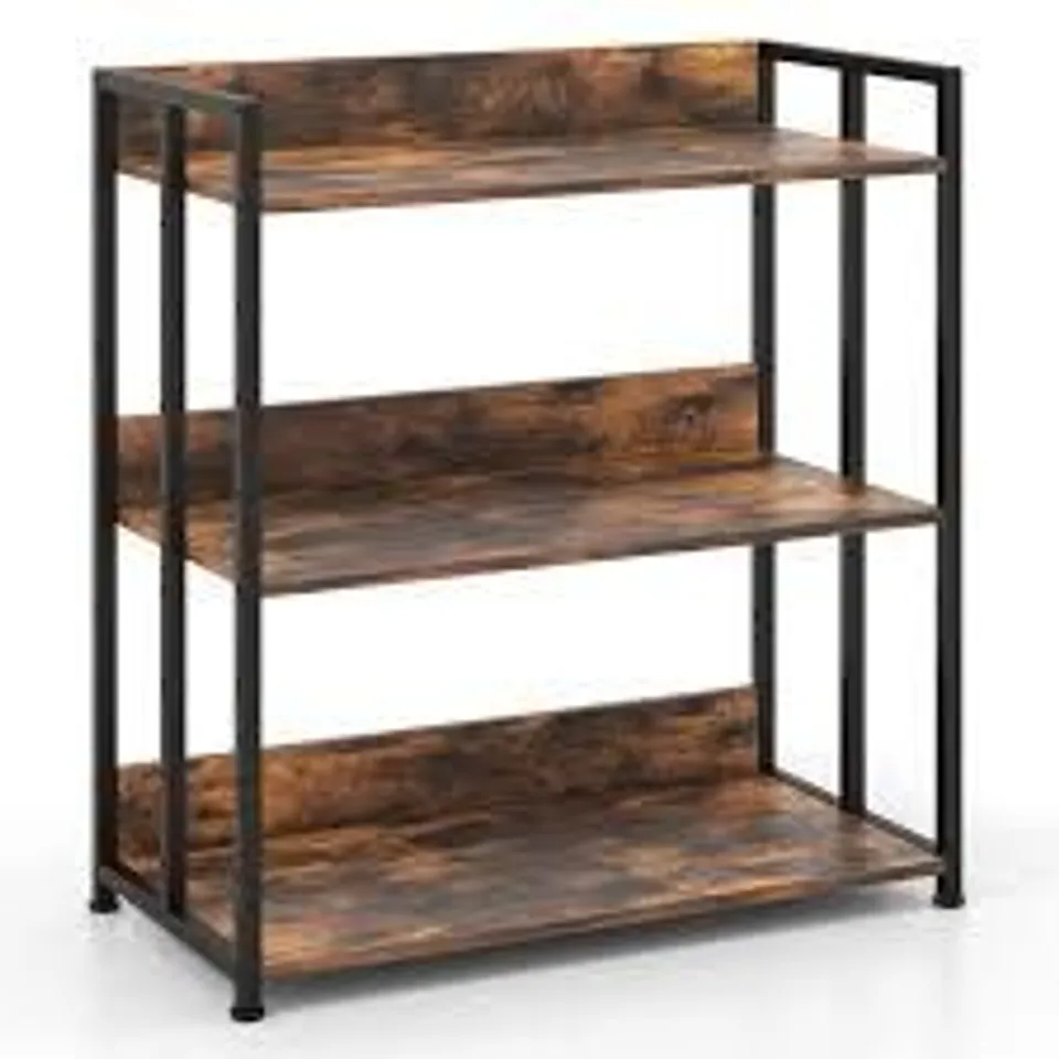 3 TIER BOOKSHELF WITH ADJUSTABLE SHELVES AND METAL FRAME RUSTIC