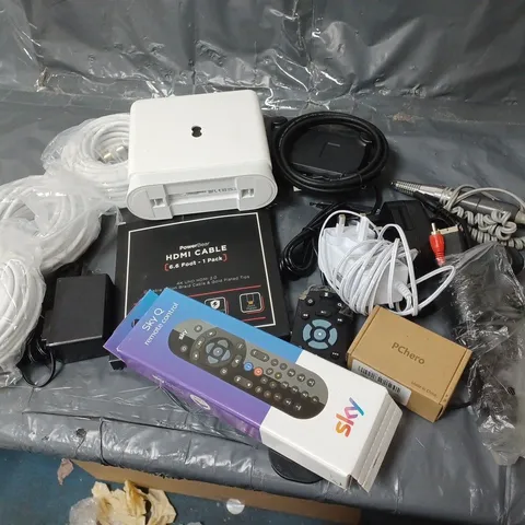 LOT OF VARIOUS ASSORTED HOUSEHOLD ITEMS TO INCLUDE SKY Q REMOTE, AC ADAPTERS, CHARGERS ETC.