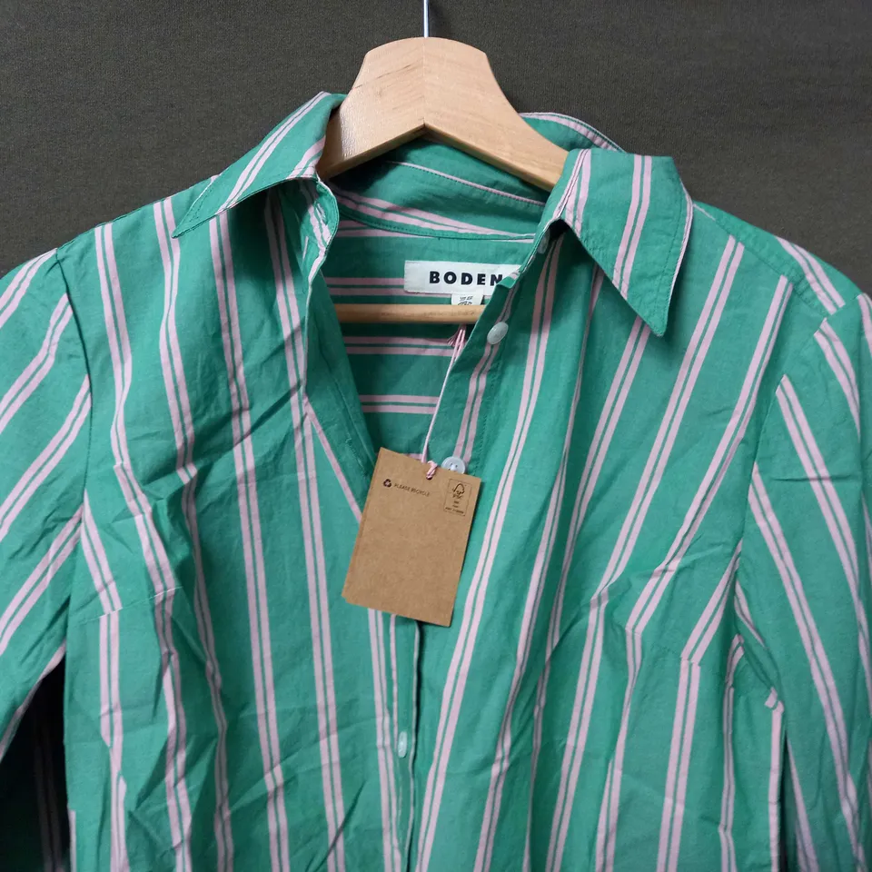 BODEN LONG SLEEVE BUTTON SHIRT IN PINK/GREEN STRIPES - UK 6P