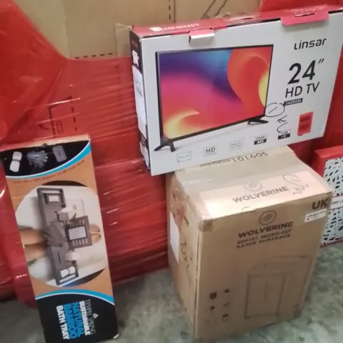 PALLET OF ASSORTED HOUSEHOLD GOODS AND PRODUCTS TO INCLUDE;PAPER SHREDDER,24" HD TV,BATH TRAY