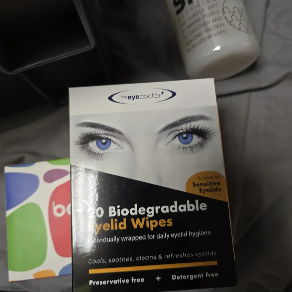 LIQUID SILK WATER-BASED LUBRICANT BOTTLE + EYE DOCTOR BIODEGRADABLE EYELID WIPES + BEZOZ BOX HEALTH & BEAUTY LOT