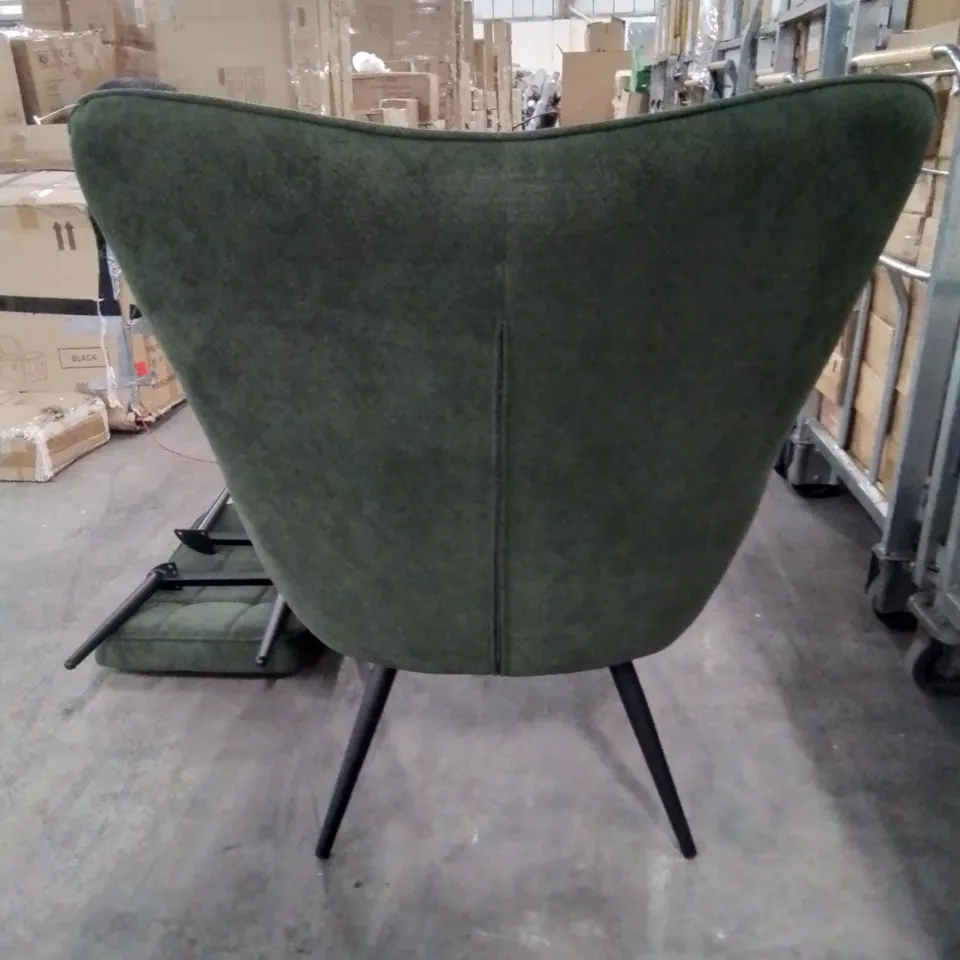 QUALITY DESIGNER GREEN FABRIC UPHOLSTERED ACCENT CHAIR AND FOOTSTOOL