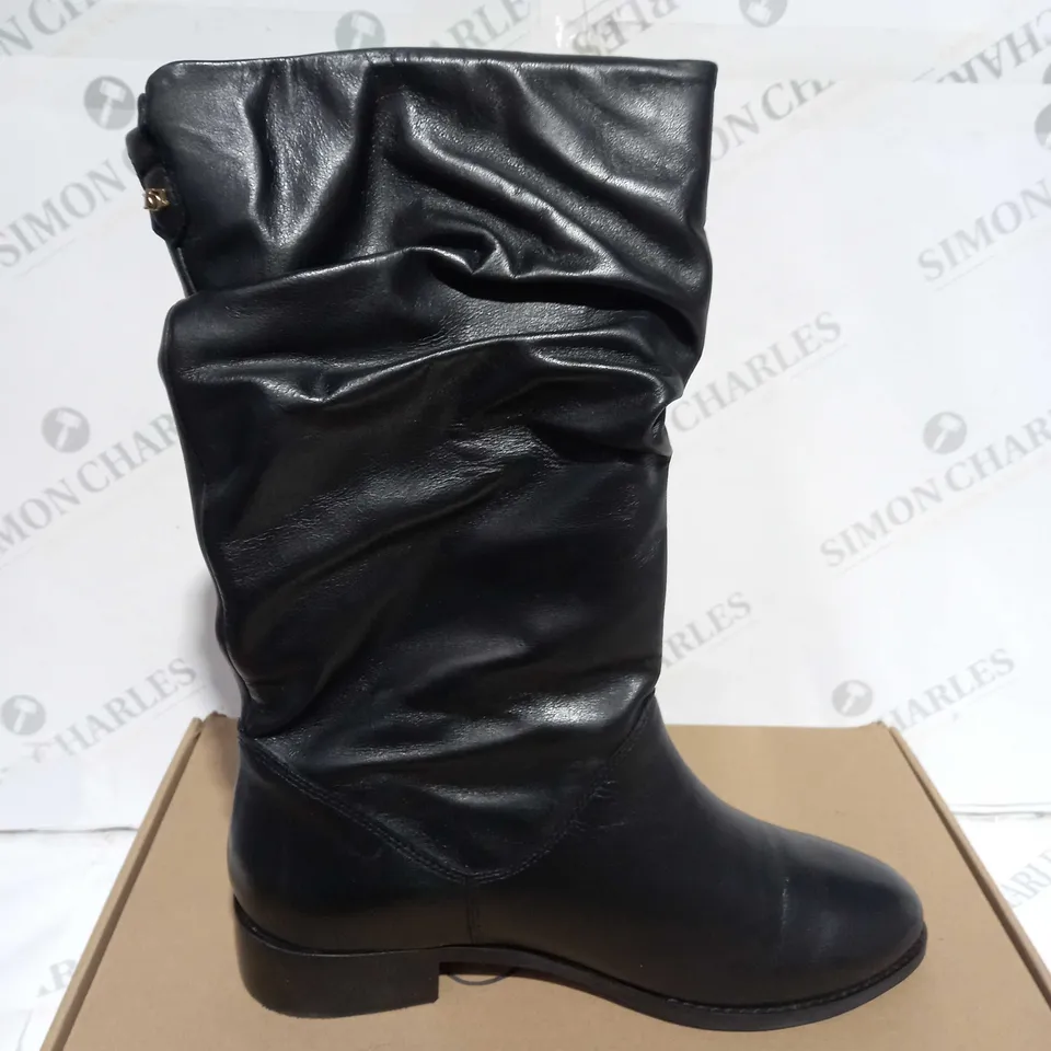 BOXED DUNE LEATHER RUCHED CALF BOOTS, BLACK - SIZE 6