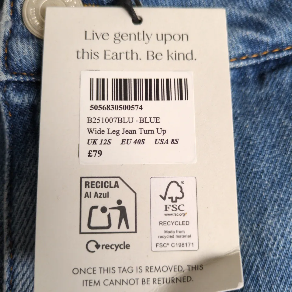 NOBODY'S CHILD WIDE LEG JEANS TURN UP – UK 12S, BLUE