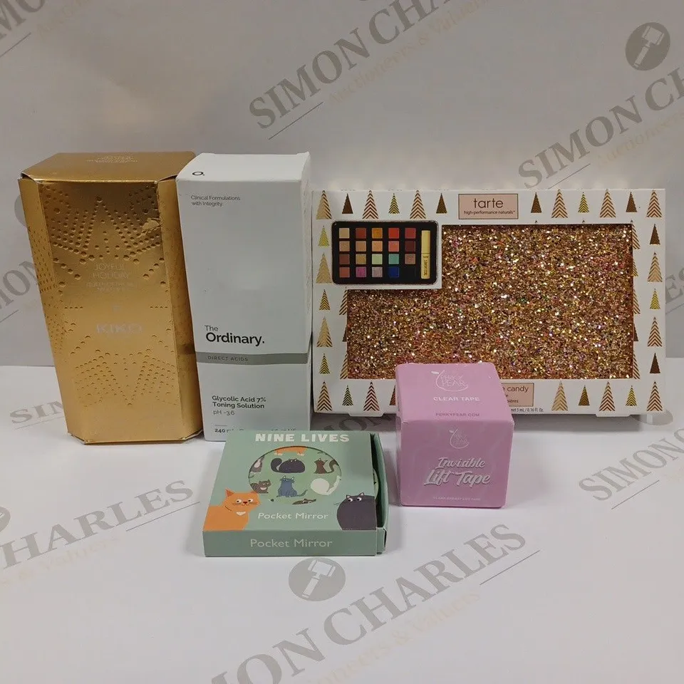 LOT OF 5 HEALTH AND BEAUTY PRODUCTS TO INCLUDE KIKO MILANO MAKEUP KIT, TARTE EYESHADOW PALETTE, AND THE ORDINARY GLYCOLIC ACID TONING SOLUTION