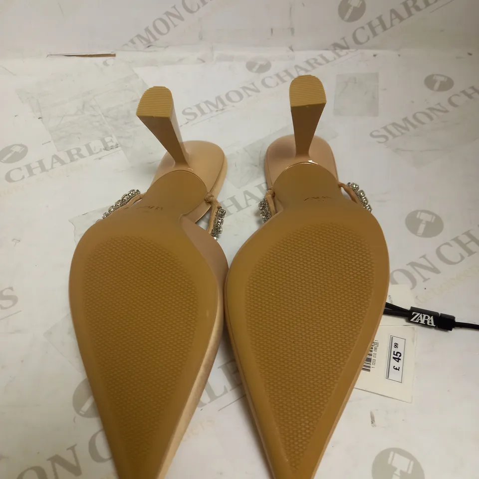 ZARA STRAP DETAIL SATIN POINTED HEELS WITH RHINESTONES TAN UK 6 