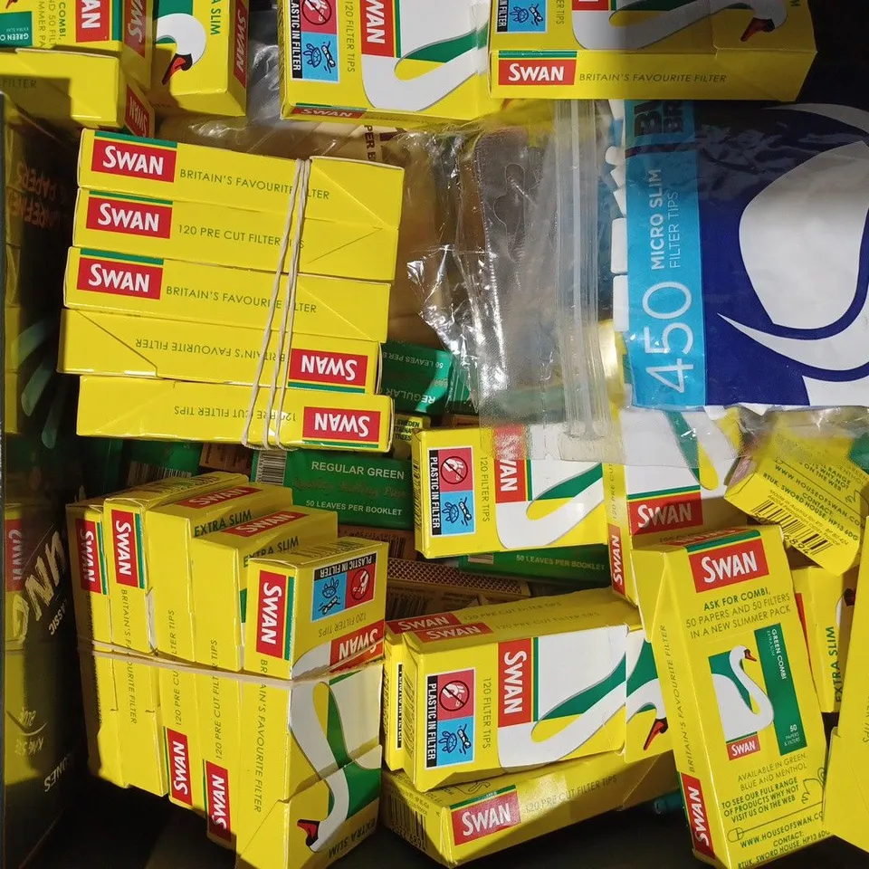 APPROXIMATELY 15 ASSORTED HOUSEHOLD ITEMS TO INCLUDE SWAN FILTER TIPS, THIN BLUE RIZLA, ROLLING KING REGULAR GREEN, ETC