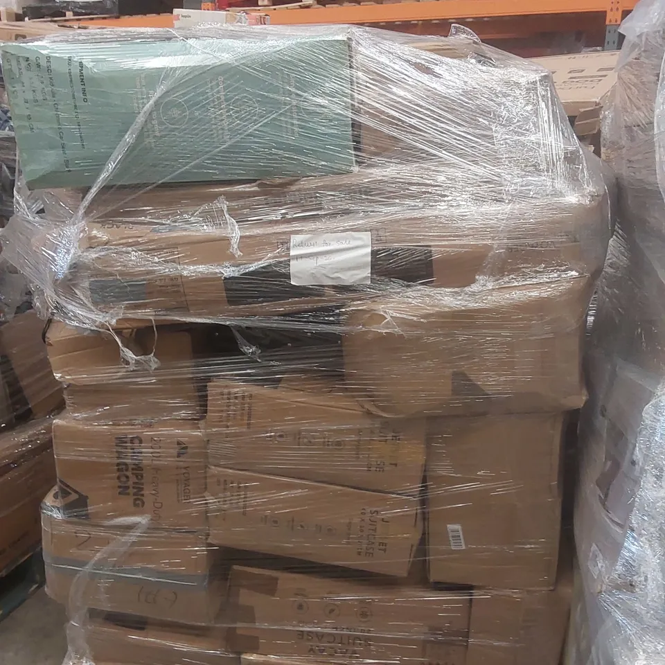 PALLET OF ASSORTED E-COMMERCE GOODS AND PRODUCTS TO INCLUDE: SUITCASES, GRAVITY CHAIR, CAMPING CHAIRS, FOLDING TABLE, CHILDREN'S CAR SEAT ECT