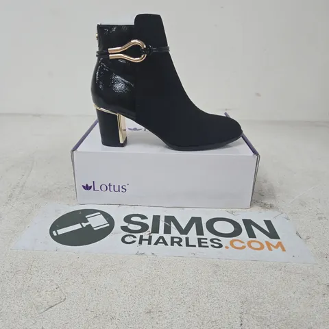LOTUS BLACK ANKLE BOOT – WOMEN'S HEELED BOOT WITH GOLD BUCKLE DETAIL SIZE 6