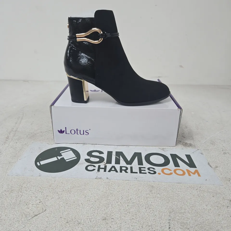 LOTUS BLACK ANKLE BOOT – WOMEN'S HEELED BOOT WITH GOLD BUCKLE DETAIL SIZE 6