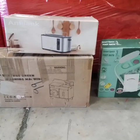 PALLET OF ASSORTED HOUSEHOLD GOODS AND PRODUCTS TO INCLUDE;FOOT SPA,4 SLICE TOASTER,VINTAGE GREEN WASHING MACHINE TOY