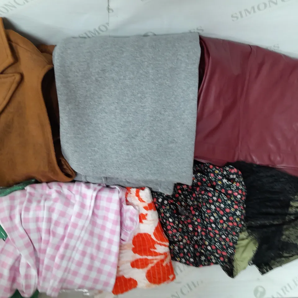 LARGE BOX OF ASSORTED CLOTHING ITEMS IN VARIOUS COLOURS AND SIZES INCLUDING TROUSERS , TOPS AND JUMPERS 