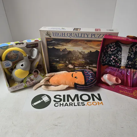 APPROXIMATELY 25 ASSORTED TOYS, GAMES, GIFTS AND NOVELTIES TO INCLUDE ELEPHANT BABY SHOWER, 2000 PIECE PUZZLE, CARROT PLUSH, ETC - COLLECTION ONLY