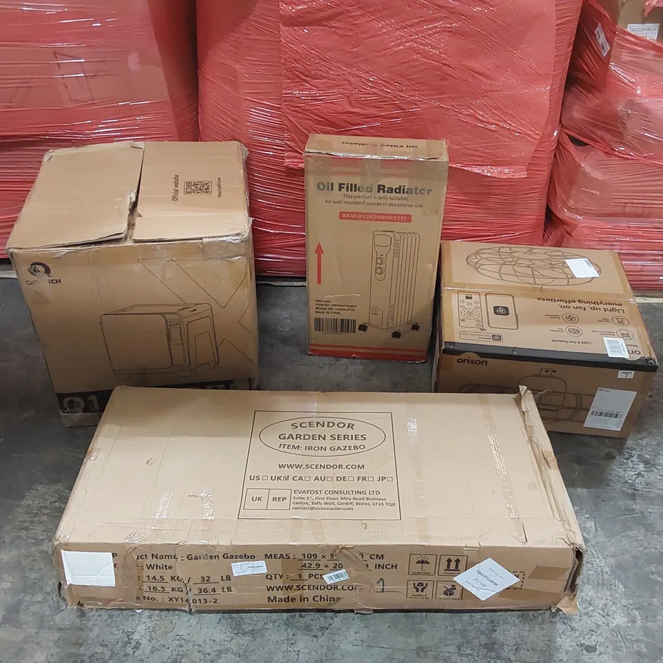 PALLET OF ASSORTED CONSUMER PRODUCTS TO INCLUDE: QIDI Q1 PRO 3D PRINTER, IRON GAZEBO, OIL FILLED RADIATOR, FAN LIGHT ECT