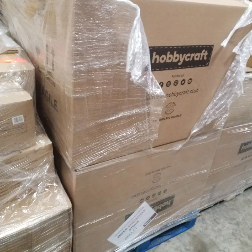 PALLET CONTAINING ASSORTED CHRISTMAS PRODUCTS & DECORATIONS INCLUDING GIANT BOX OF CRAFT, MINI CROSS STITCHES, SANTA SOAP BOTTLE, 3D WOODEN STAR & POINSETTIA PLANT POT
