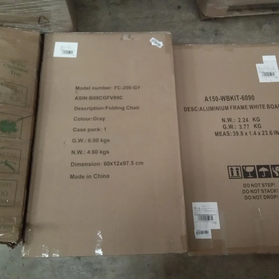 PALLET OF ASSORTED ITEMS INCLUDING WHITE CHRISTMAS TREE, FOLDING CHAIR, ALUMINIUM FRAME WHITE BOARD, ALUMINIUM LADDER 3.8M, TIMBER RIDGE FOLDING CHAIR, DESKTOP SIT-STAND WORKSTATION 