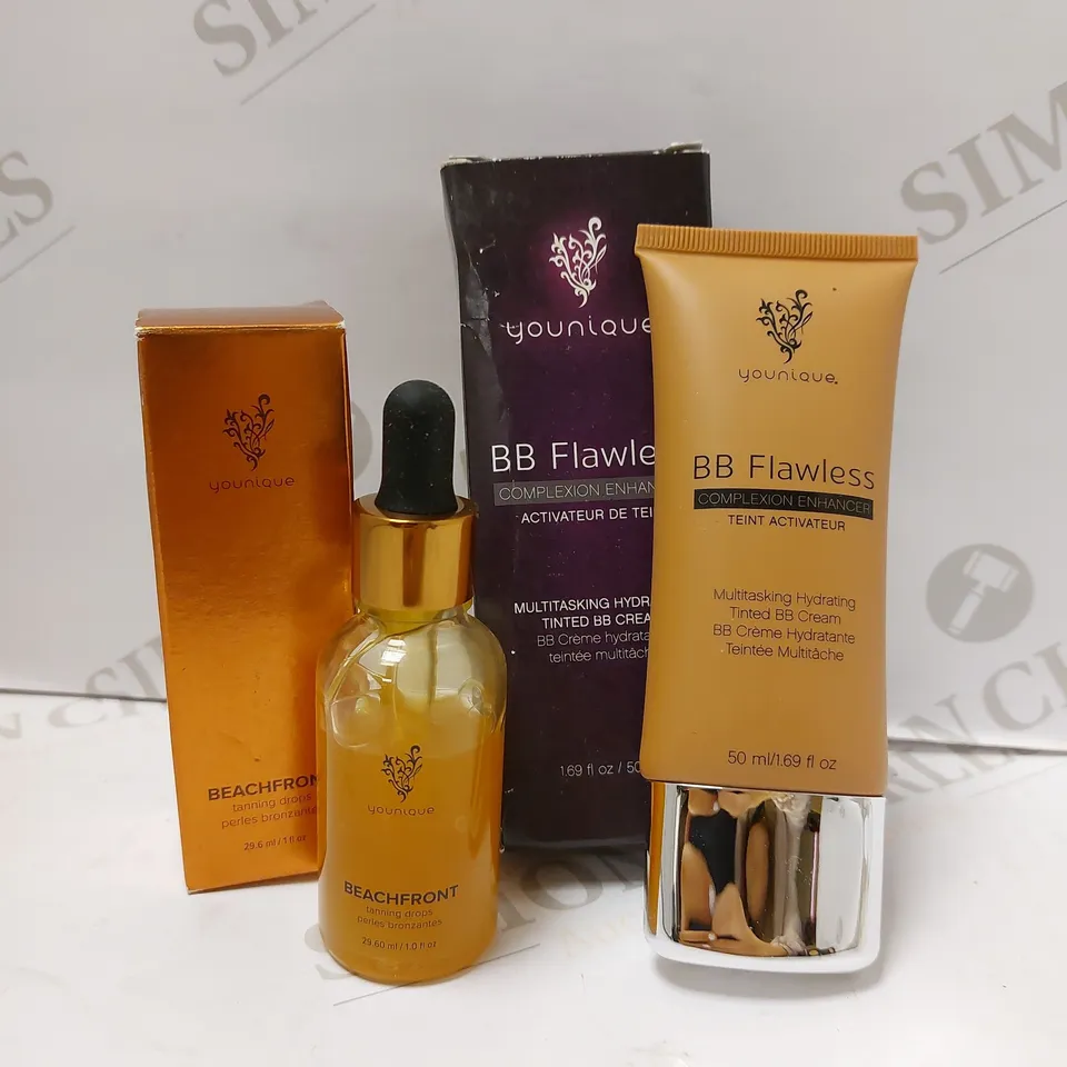 LOT OF 2 YOUNIQUE PRODUCTS TO INCLUDE BEACHFRONT TANNING DROPS & BB FLAWLESS TINTED HYDRATING CREAM