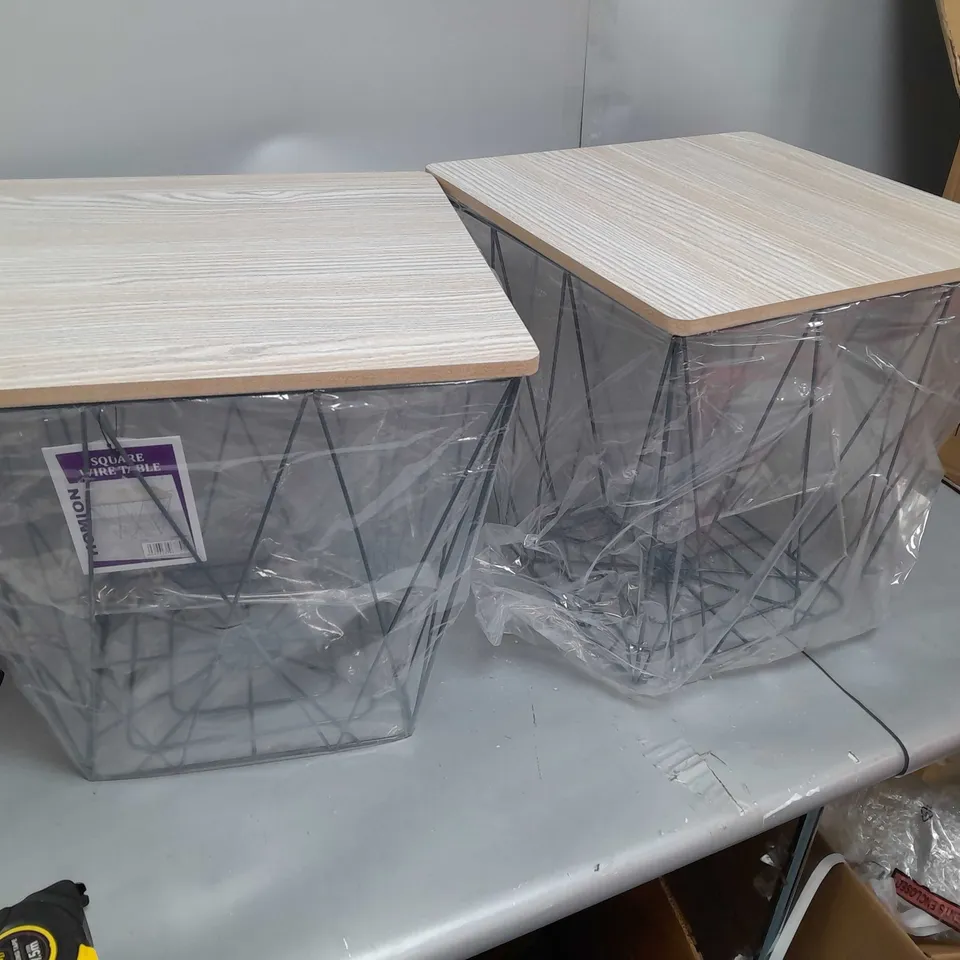 PAIR HOMION WIRE TABLES WOOD EFFECT TOPS