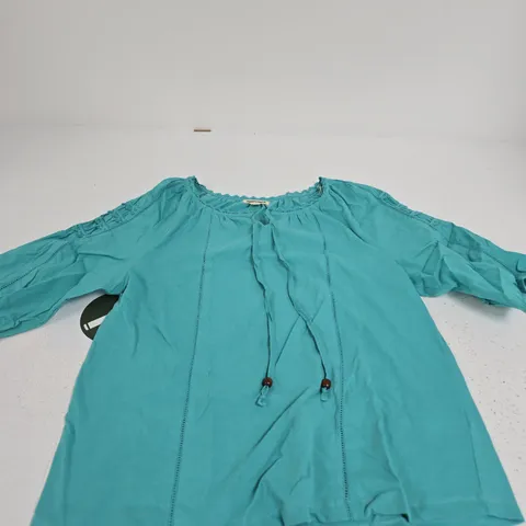 MUDFLOWER WOMEN'S TURQUOISE TOP WITH LACE TRIM AND DRAWSTRING TASSELS – UK 14 (EU 42, US 10)