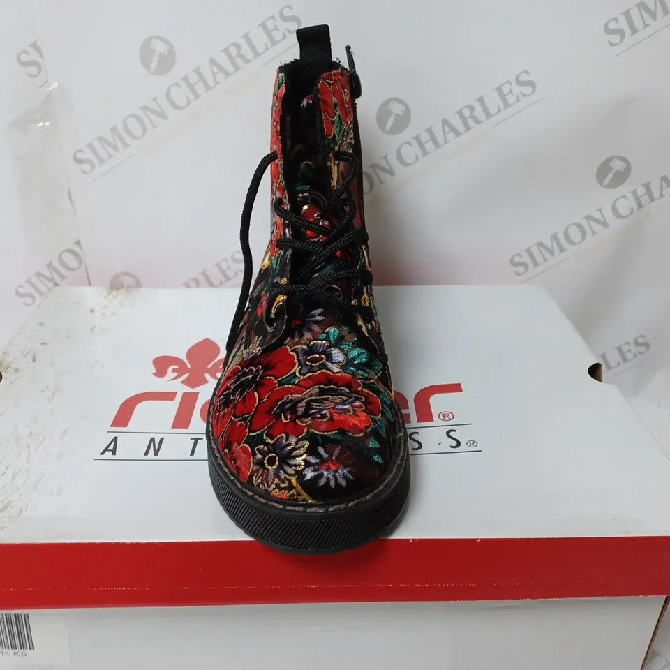 BOXED PAIR OF RIEKER LACE UP BOOTS MULTI/FLORAL PATTERN - SIZE 5 