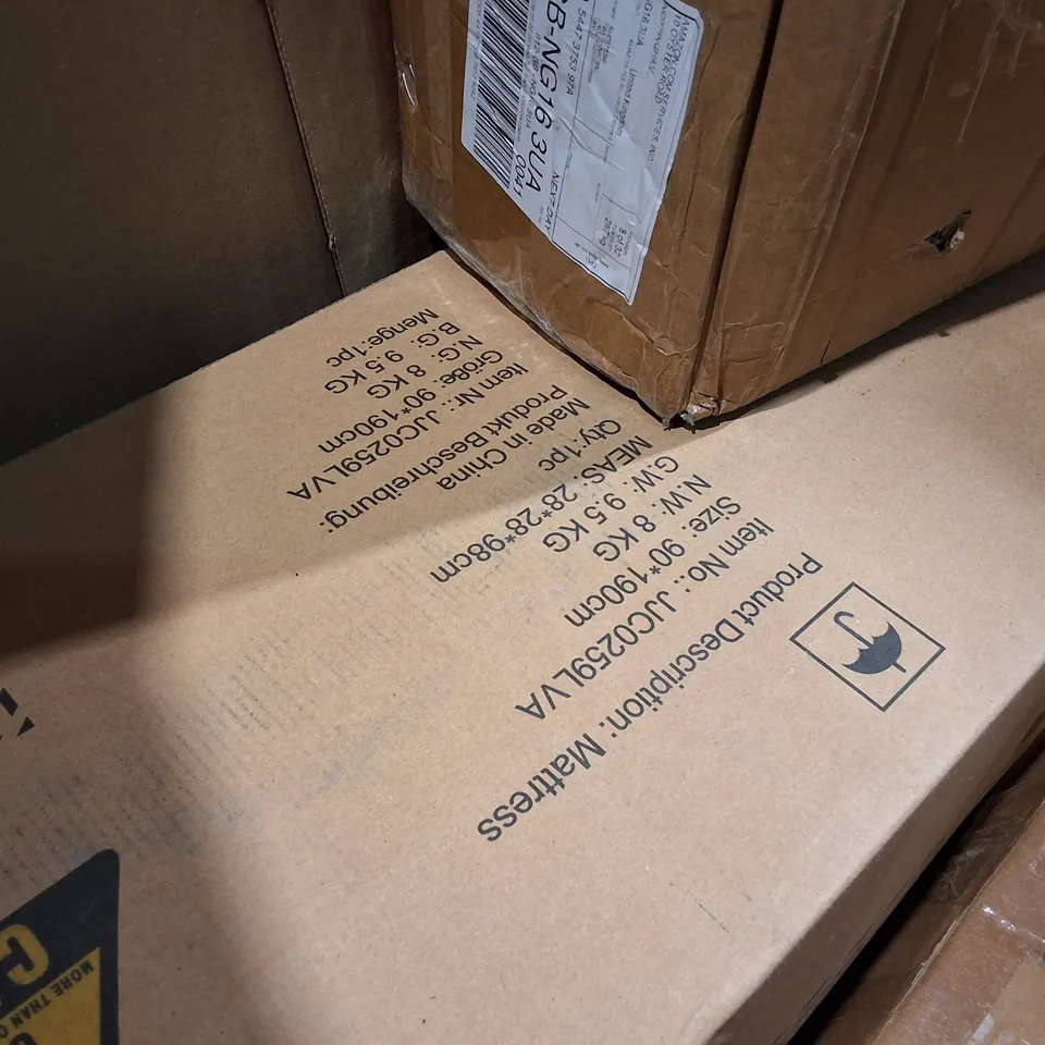 PALLET OF ASSORTED HOUSEHOLD ITEMS TO INCLUDE BAGGED AND ROLLED MATTRESSES, FAN LIGHT AND BED FRAME