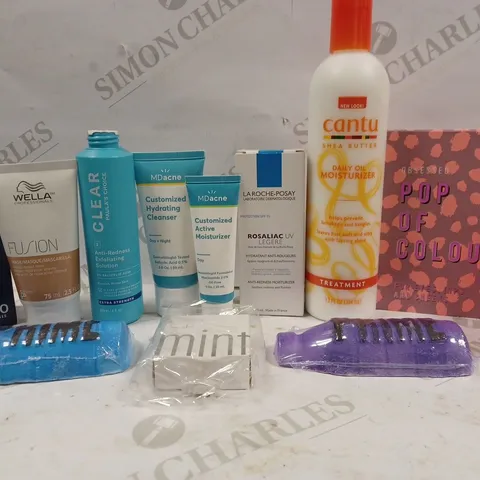 BOX OF APPROX 10 ASSORTED BEAUTY PRODUCTS TO INCLUDE WELLA FUSION HAIR MASK, CANTU DAILY OIL MOISTURIZER, OBSESSED POP OF COLOUR MAKE-UP, ETC