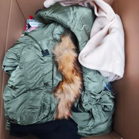 LARGE BOX OF APPROXIMATELY 25 ASSORTED CLOTHING ITEMS IN VARIOUS COLOURS, STYLES AND SIZES - COLLECTION ONLY