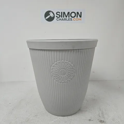 GREY RIBBED PLANTER POT WITH DECORATIVE MEDALLION MOTIF
