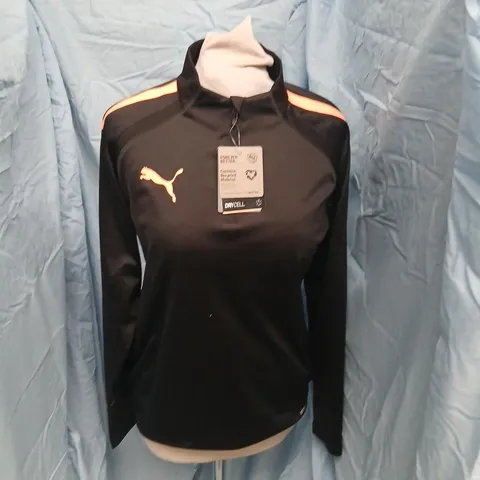 PUMA WOMEN'S TRAINING TOP – BLACK WITH ORANGE SHOULDER PIPING (UK SIZE 14)