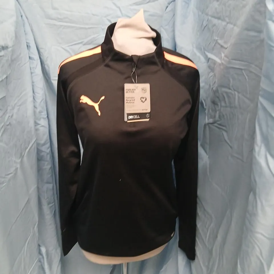PUMA WOMEN'S TRAINING TOP – BLACK WITH ORANGE SHOULDER PIPING (UK SIZE 14)