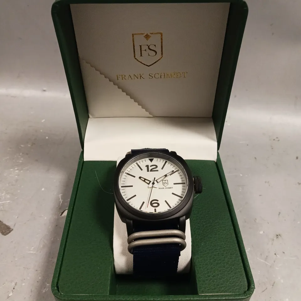 MENS FRANK SCHMIDT WATCH – LARGE BLACK CASE – WHITE PILOT DIAL – BLUE FABRIC STRAP 