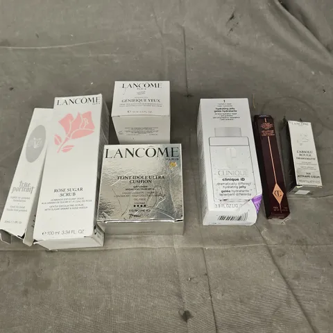 LOT OF 7 ASSORTED COSMETIC PRODUCTS TO INCLUDE - LANCOME ROSE SUGAR SCRUB - CLINIQUE ID HYDRATING JELLY - KVD TRUE PORTRAIT FOUNDATION IN063 TAN - ETC