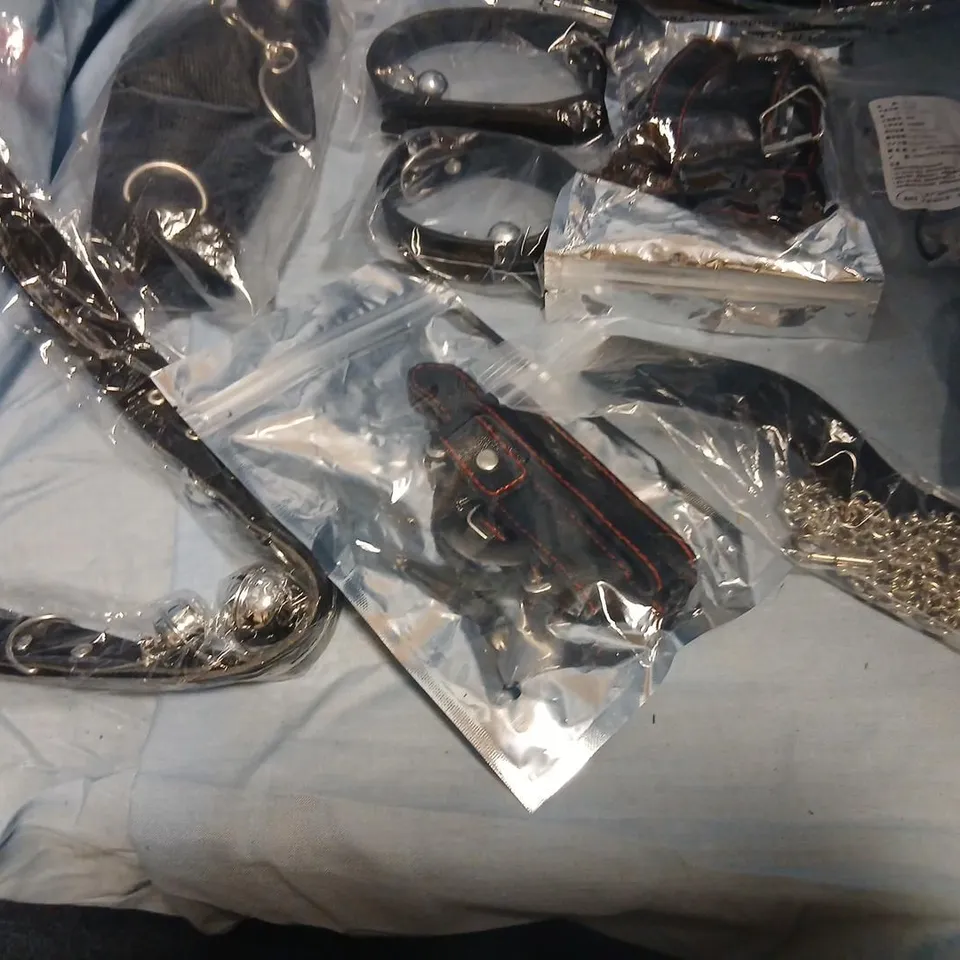 LARGE QUANTITY OF ASSORTED SEX TOYS TO INCLUDE; LEG AVENUE BDSM RESTRAINTS SET WITH LEATHER COLLAR, CUFFS & CHAINS