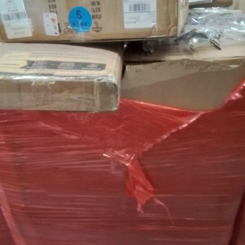 PALLET OF ASSORTED HOUSEHOLD GOODS AND PRODUCTS TO INCLUDE; WALLPAPER , CEILING FAN LIGHT , ETC